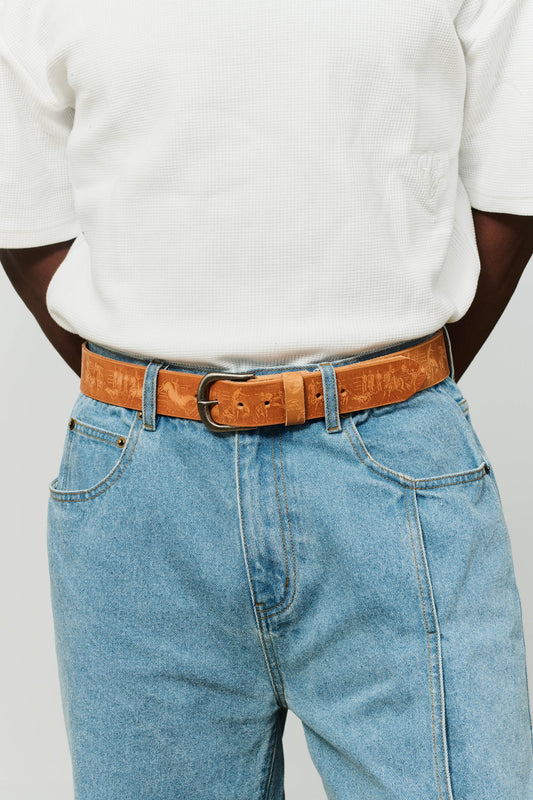 West Engraved Leather Belt - Tan / Silver Nickel