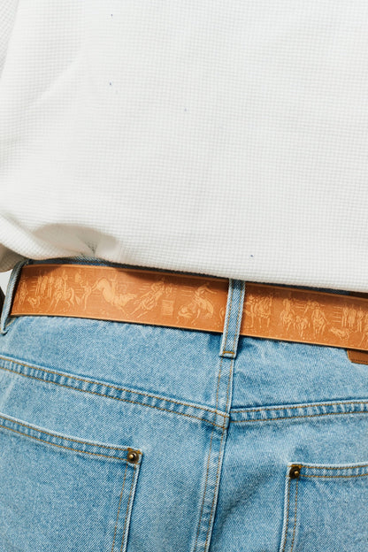 West Engraved Leather Belt - Tan / Silver Nickel
