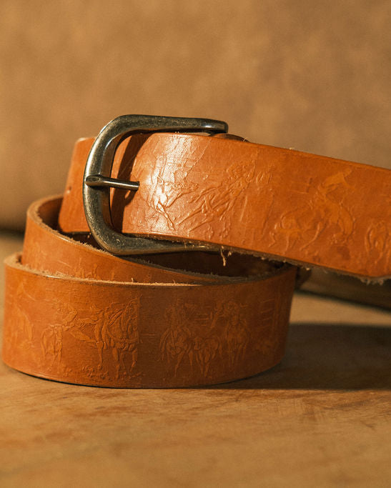 West Engraved Leather Belt - Tan / Silver Nickel